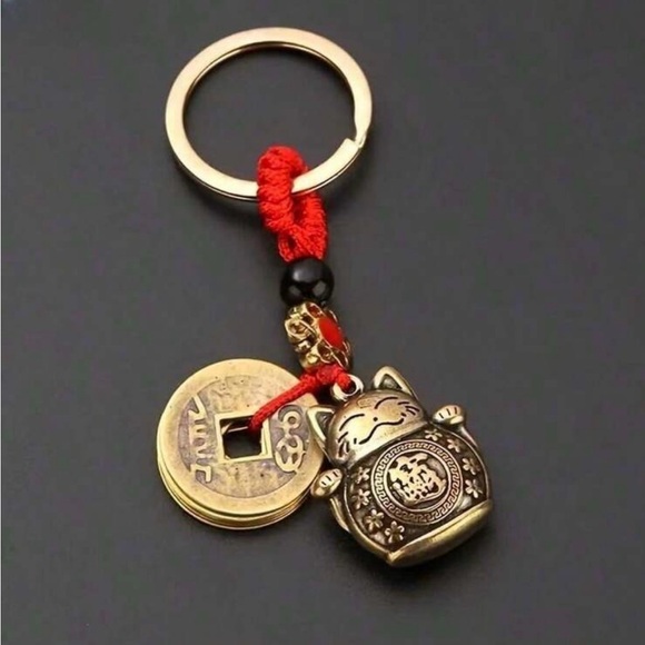 Other - Vintage Copper Lucky Cat Keychain With Five Emperors Coins – Wealth-Feng Shui